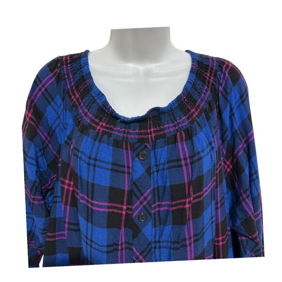 Paper Tee 3X Blue Womens Plus Blouse Plaid Off-Shoulder Button-Up Top Tie-Sleeve - Picture 6 of 11